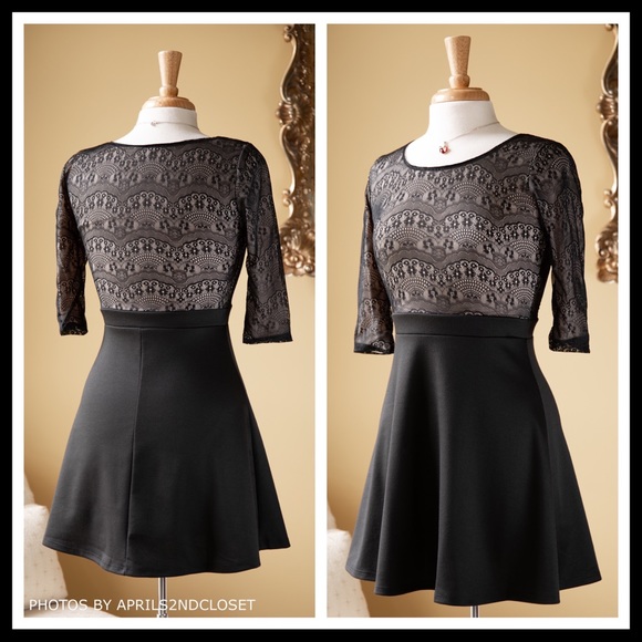 BLACK A-LINE LACE KNIT SHIFT SKATER BABYDOLL 80S RETRO MINI DRESS - Picture 3 of 8